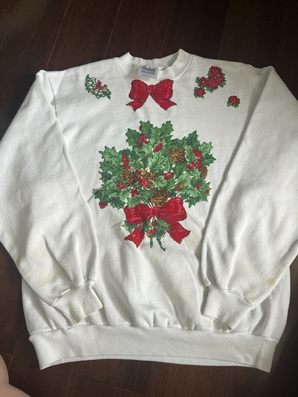 Vintage Hanes 90’s Hand Painted Puff Paint Christmas Sweatshirt Wreath Bow L